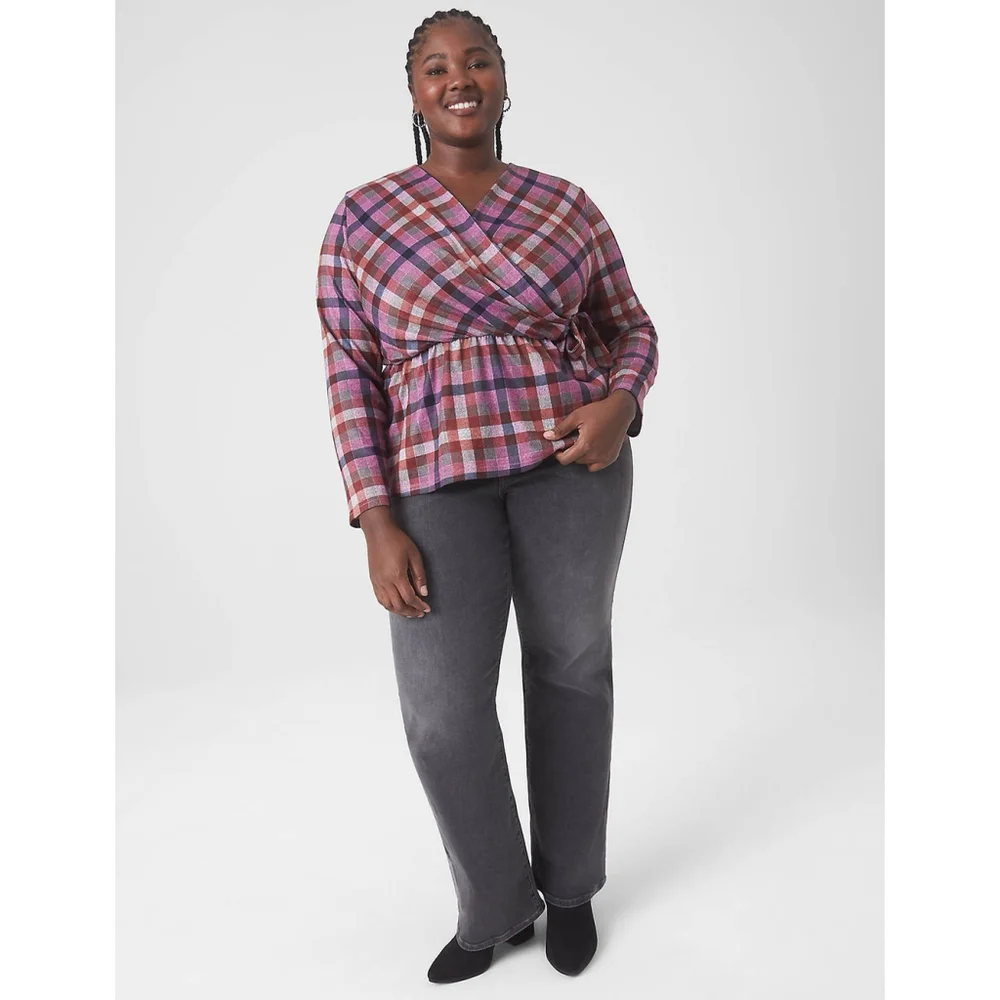 LANE BRYANT Women’s Classic Faux-Wrap Plaid Top Long Sleeve Shirt Size 26-28/4X